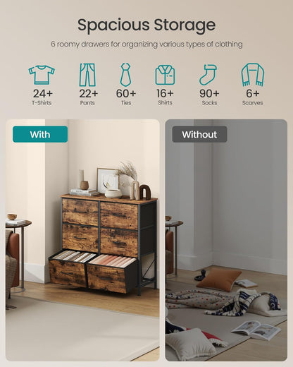 SONGMICS Dresser - 6 Non-Woven Fabric Drawers Storage Organizer Unit for Bedroom | Rustic Brown & Ink Black