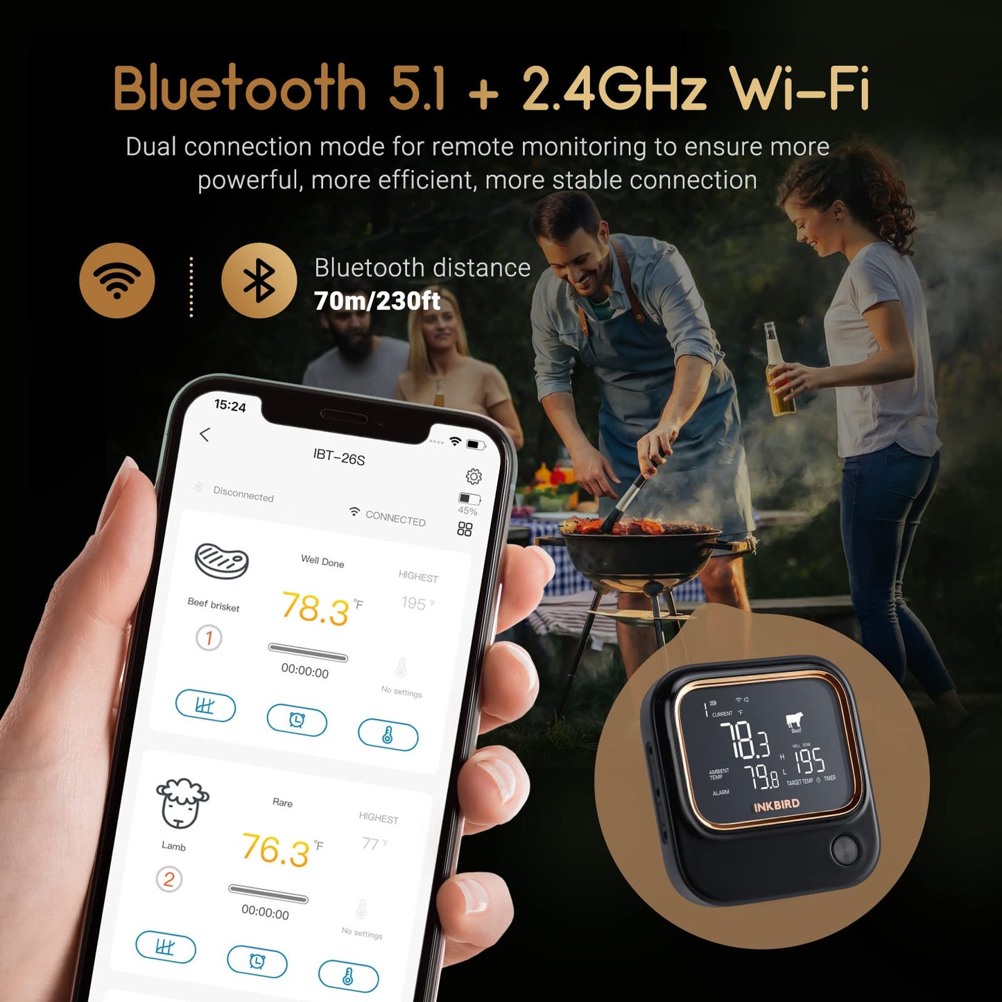 INKBIRD IBT-26S Bluetooth Wi-Fi BBQ Thermometer, with 4 Food-Grade Probes, APP Control, USDA Meat Presets, Temperature Alarm and Timer, Backlit LCD with Adjustable Brightness