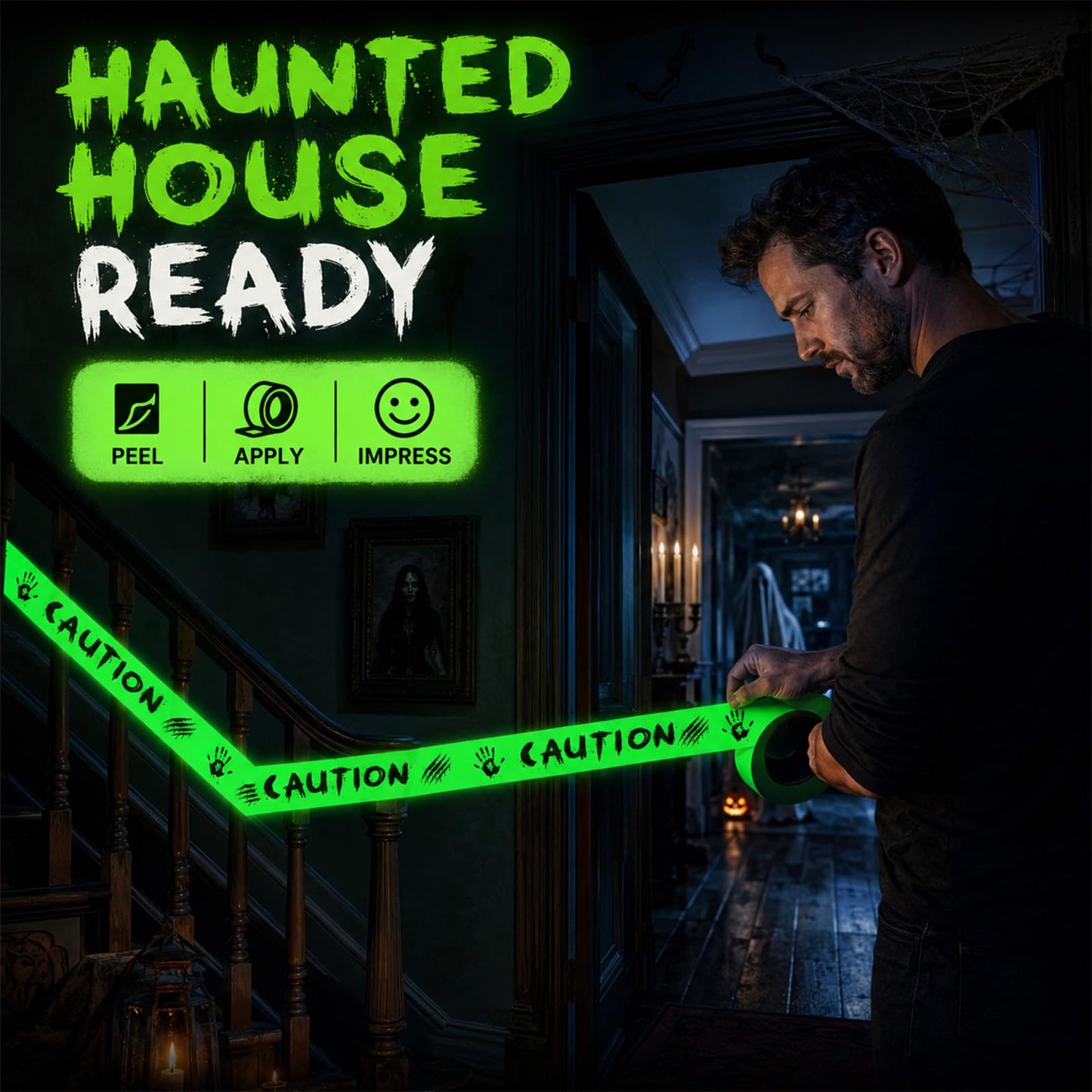 Zeptrix Glow in The Dark Halloween Decorations Caution Tape 2inx32.8ft Scary Warning Glow Tape Roll Indoor Outdoor Barricade Safety Night Decor Spooky DIY Home Party Door Danger Zones Office Yard