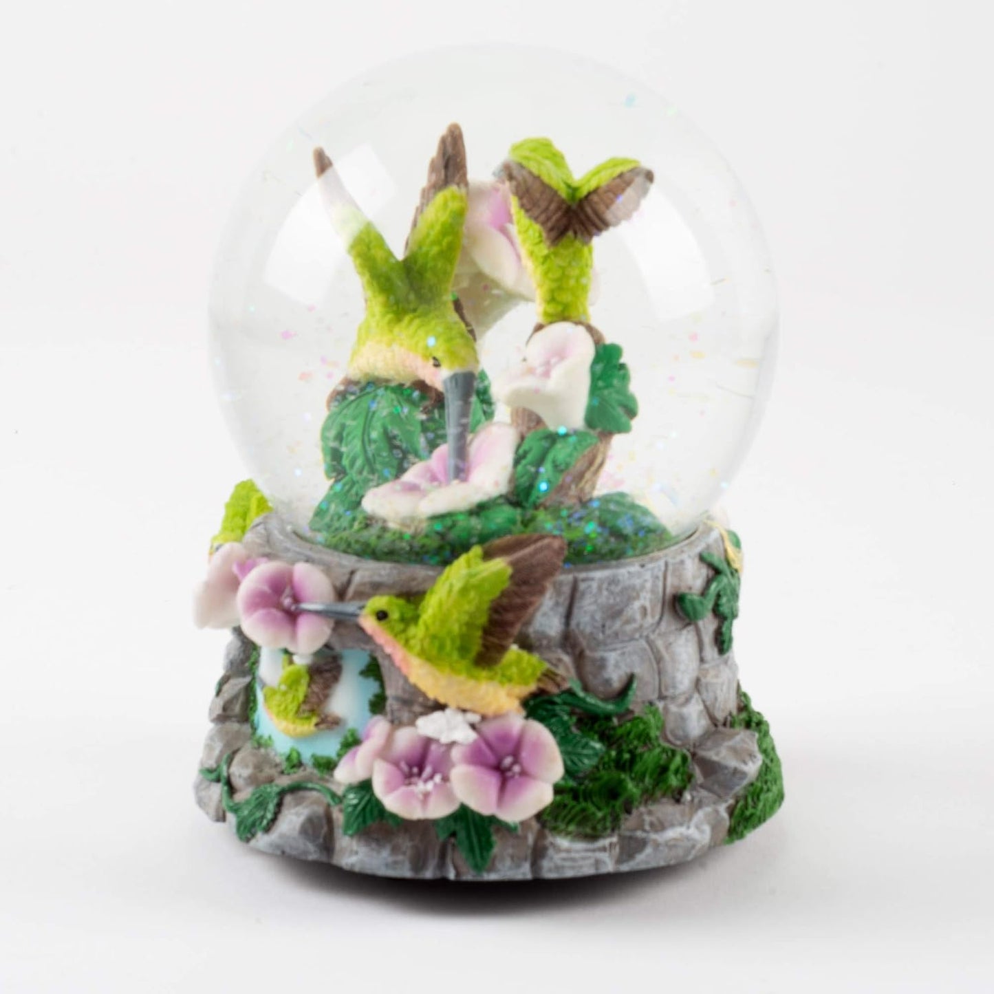 Elanze Designs Green Family Hummingbirds with Purple Flowers Bird Tabletop Figurine, 100MM Glitter Water Globe