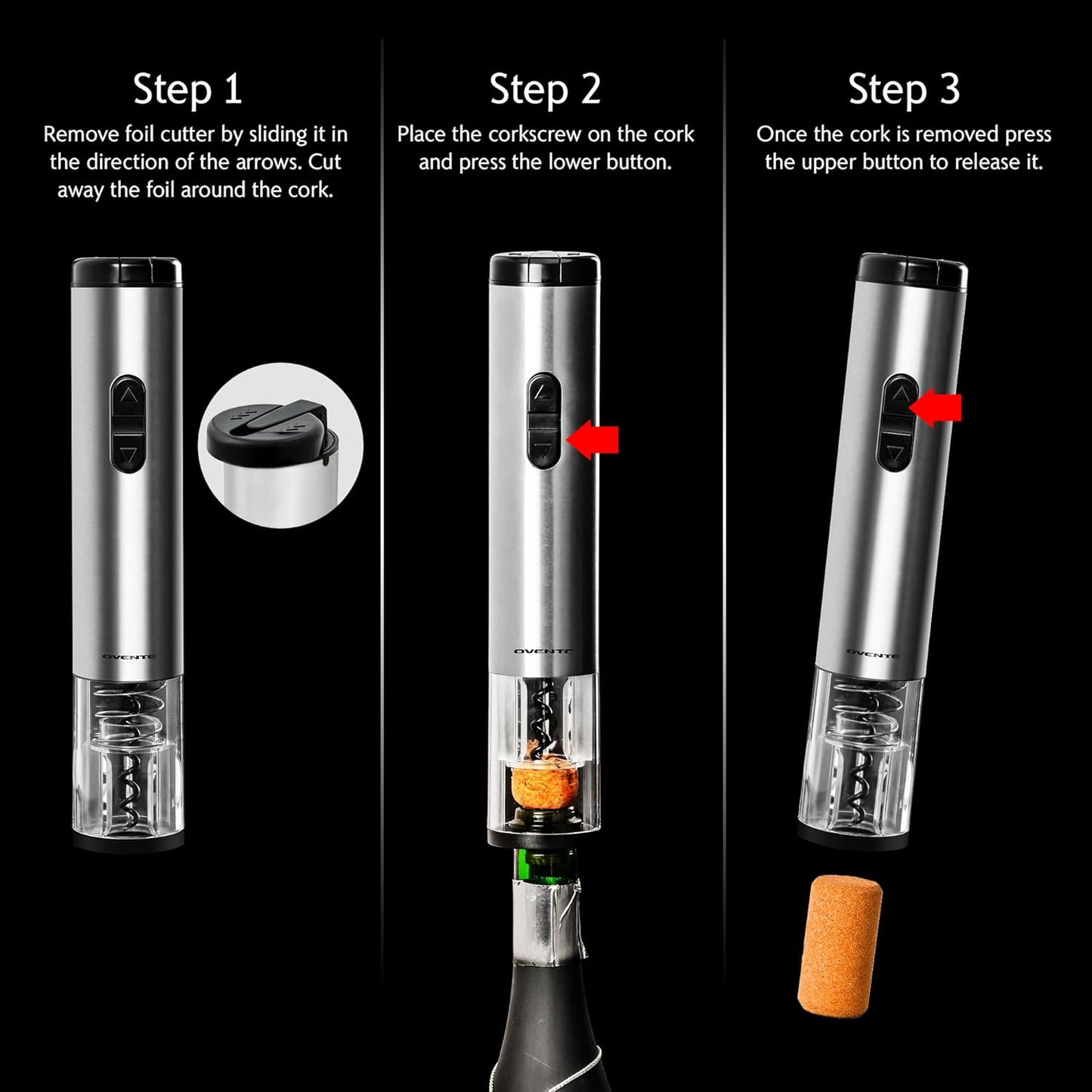 OVENTE Electric Wine Opener with Foil Cutter, Automatic Bottle Corkscrew Remover, Battery Operated, Silver WO1381S