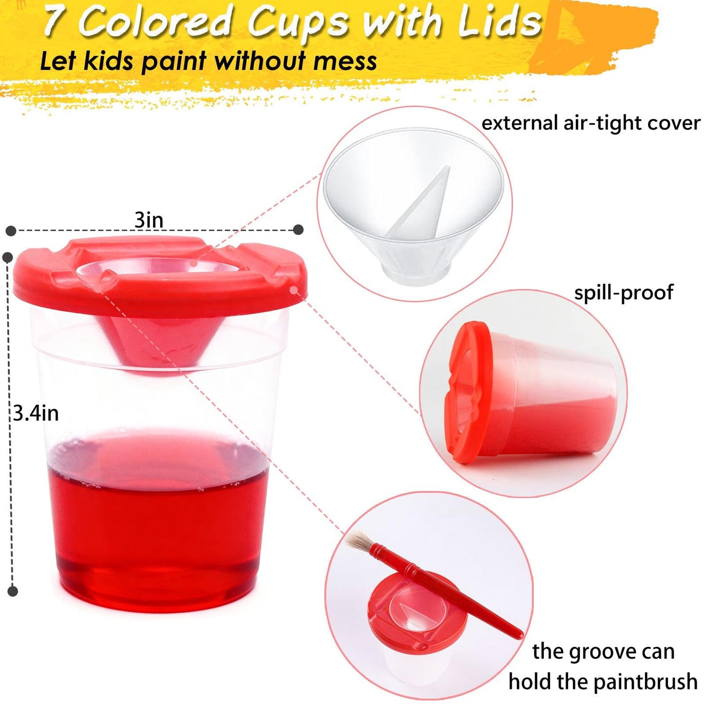 Paint Cups with Lids for Kids, 7pcs Spill Proof Painting Cups with Rotating Holder Toddler Paints Brushes No Spill Paint Cups with Kids Art Smock Paint Containers Art Supplies for Classrooms