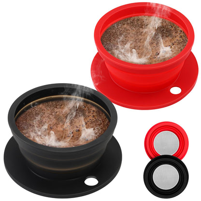 2-Packs Travel Collapsible Paperless Pour Over Coffee Dripper Kit with Stainless Steel Filter, Travel Pour Over Coffee Maker Camping, Silicone Coffee Strainer Pour Over Single Cup (Brown+Black)