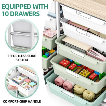 10 Drawers Rolling Cart with Wooden Tabletop, Utility Storage Cart with Wheels, Art Supply Craft Organizer on Wheel with Metal Frame & Handles for Home Office School,Green