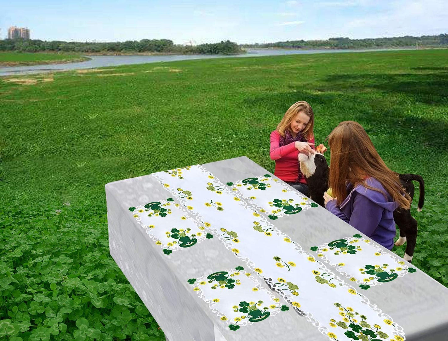 Simhomsen Large Irish Clover Table Runners for St. Patrick’s Day, Embroidered Shamrock Table Scarf, 14 × 105 Inch