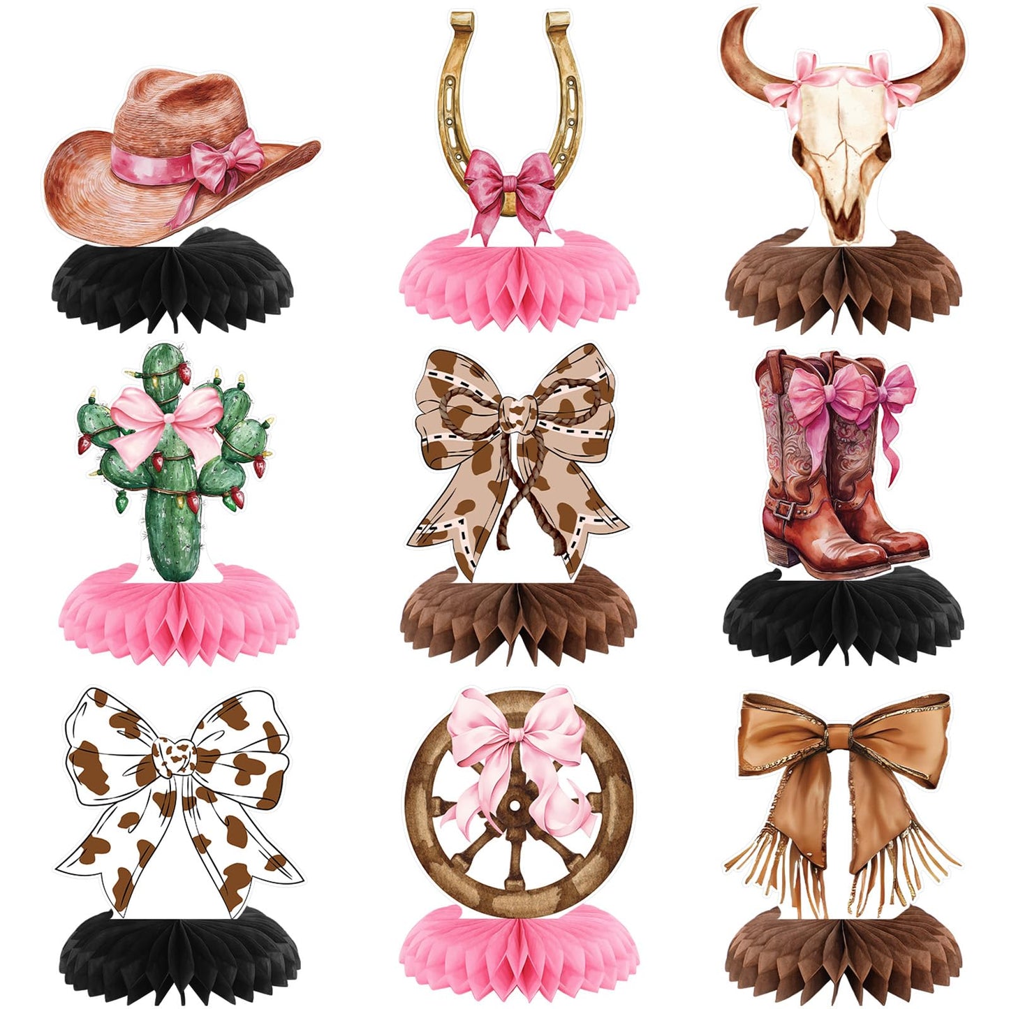 Weekgrat 9 Pcs Cowgirl Party Decorations for Table Boots or Bows Western Pink Cowgirl Honeycomb Centerpieces Coquette Rodeo Western Decor for Baby Shower Bachelorette Birthday