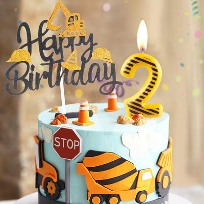 FUNCANDLE Set,Yellow 4 4th Construction Themed Birthday Candles White Stripes Number Candle with Construction Cake