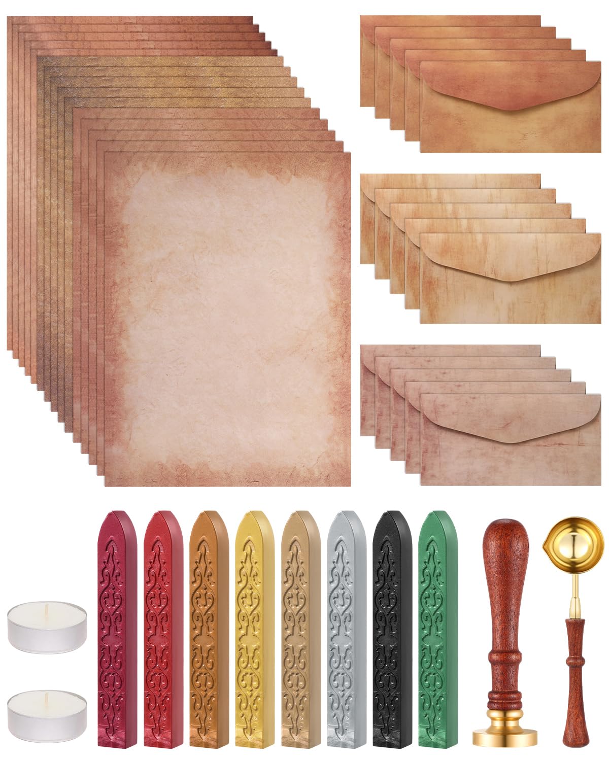 Comealltime 42Pcs Vintage Paper and Envelopes Set, 15 Stationary Letter and Envelopes, 8 Wax Seal Sticks, Wax Spoon, Life Tree Stamp and 2 Tea Candles for Xmas Wedding Party Invitation Love Letter