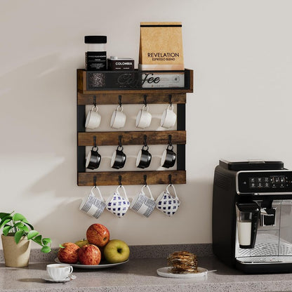 YINMIT Coffee Mug Holder with 12 Hooks, Coffee Cup Holder Wall Mounted with Top Shelf, Mug Organizer for Home Kitchen, Brown