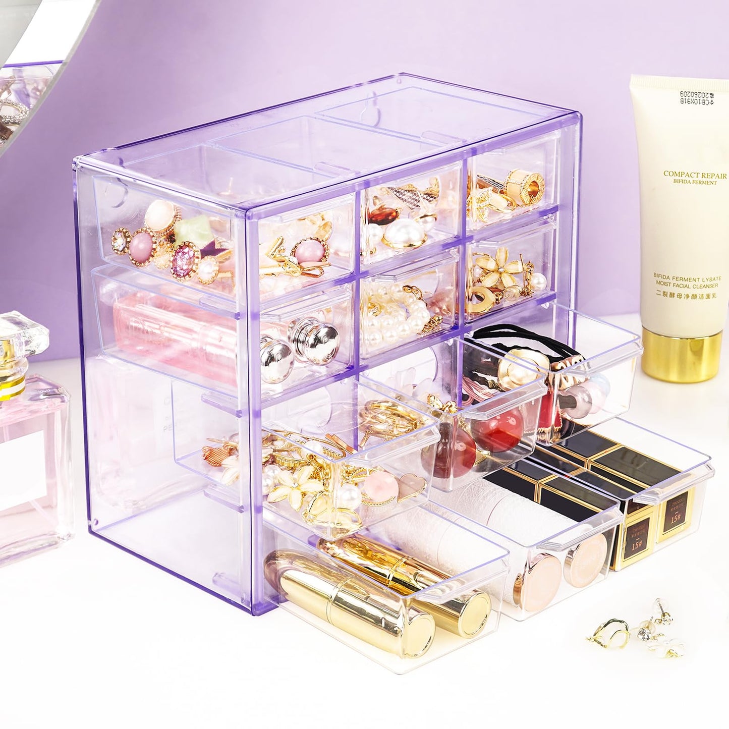 FODIENS Desk Storage Organizer with 12 Mini Drawers, Clear Desktop Craft Drawer Cabinet, Stackable Storage Box Caddy for Makeup Jewelry Office Craft Supplies (Purple)