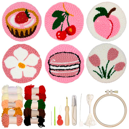 Punch Needle Kit for Beginners Adults Kids, 6 Pattern Embroidery Punch Needle Kits, Easy Needle Punch Embroidery DIY Kit Set Tufted Rug Punch Decoration with Patterns, Tools, Yarns, Hoop, Instruction