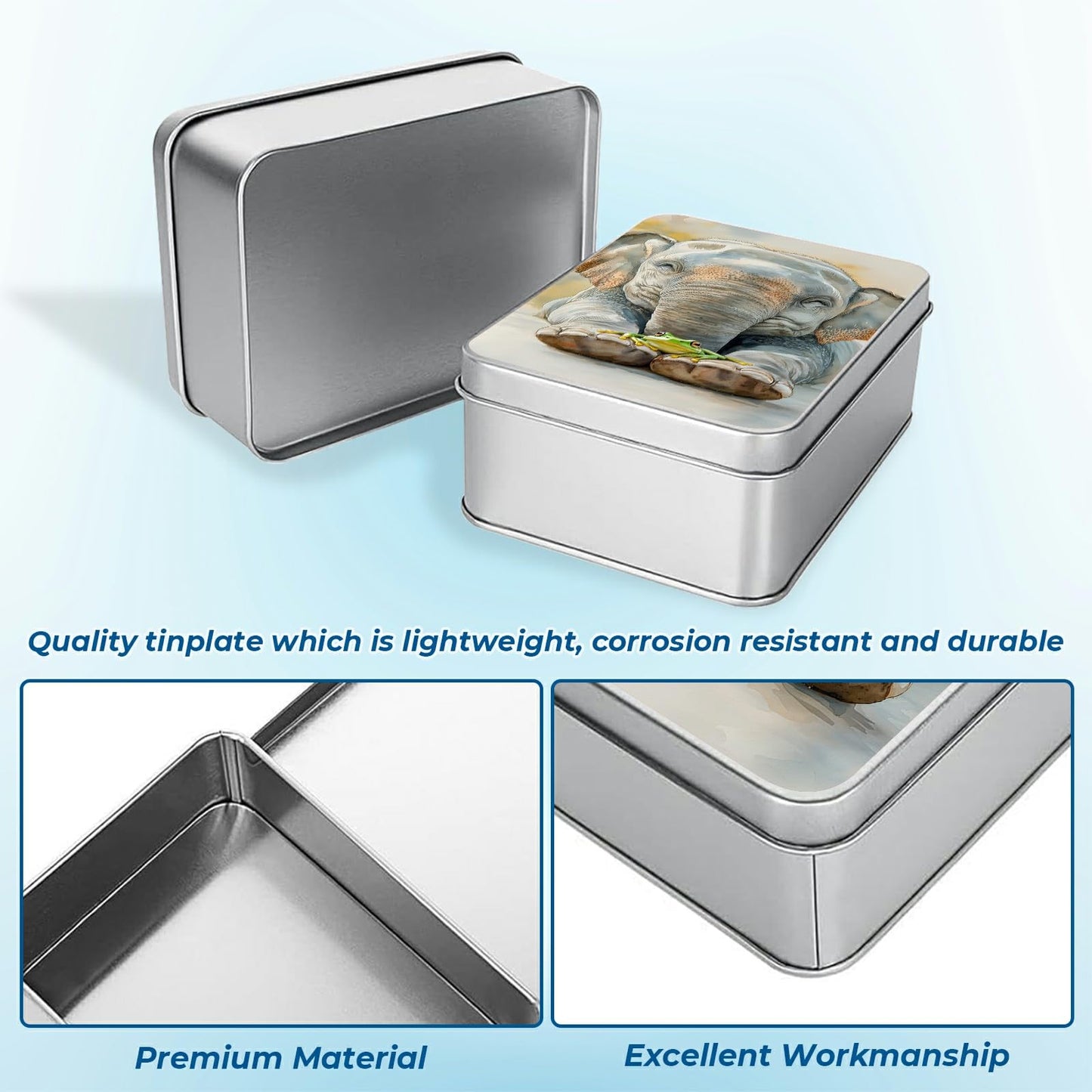 JNFBWULO Small Metal Tin Box with Lid, Rectangular Silver Metal Storage Container, 4.92"×3.54"×1.57" Gift Decorative Empty Box, Elephant Frog