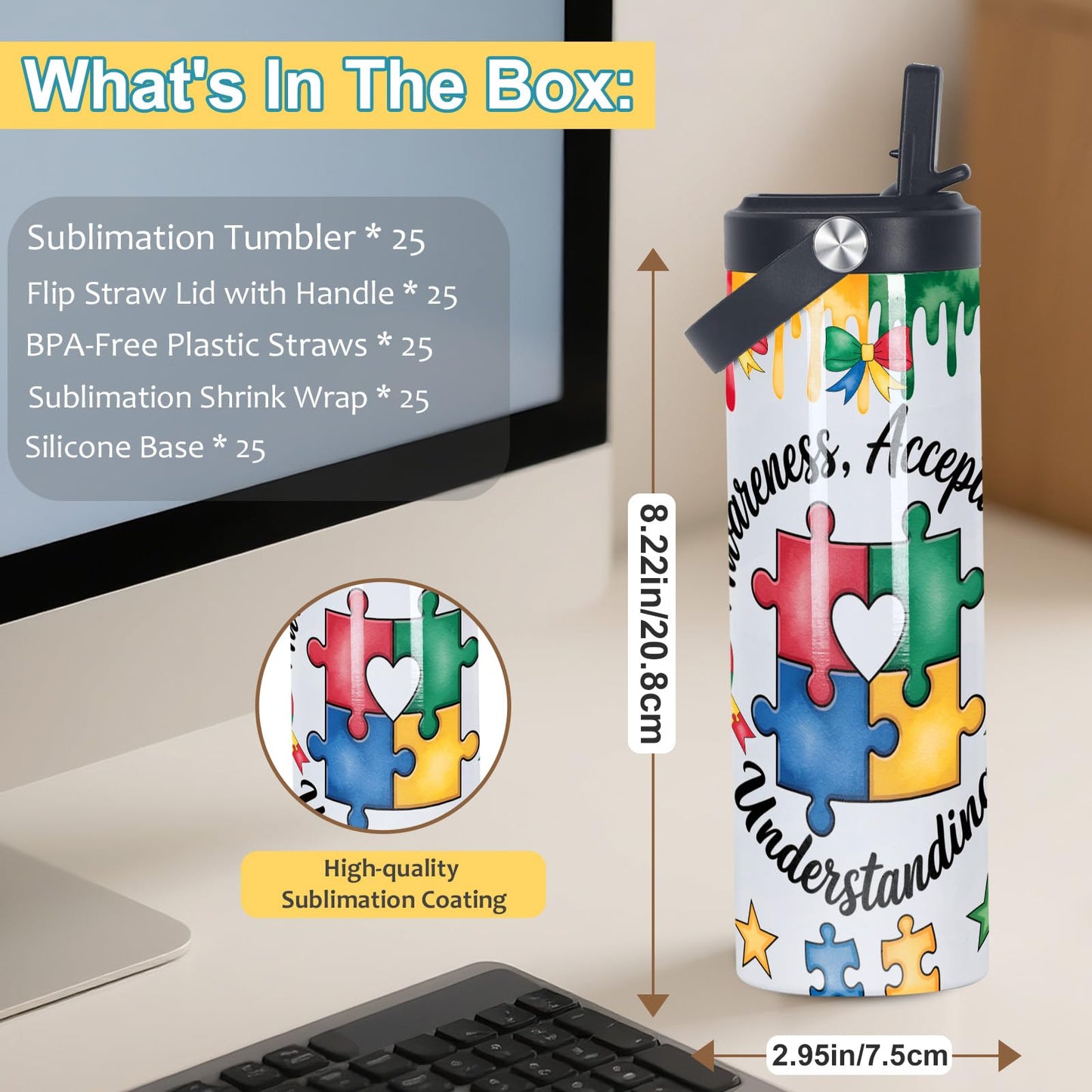 oaptuza 20 Oz Sublimation Tumblers Bulk Skinny Straight, 25 Pack Sublimation Sport Water Bottles Blanks with Portable Handle, Double Wall Stainless Steel Tumbler Cup for Heat Transfer, Individual Box