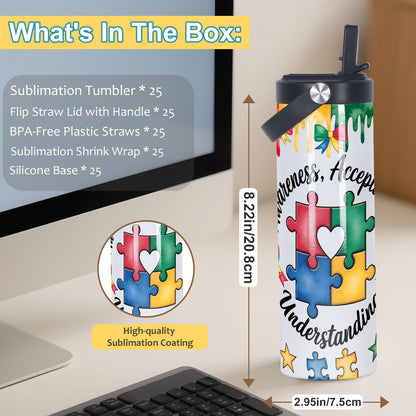 oaptuza 20 Oz Sublimation Tumblers Bulk Skinny Straight, 25 Pack Sublimation Sport Water Bottles Blanks with Portable Handle, Double Wall Stainless Steel Tumbler Cup for Heat Transfer, Individual Box