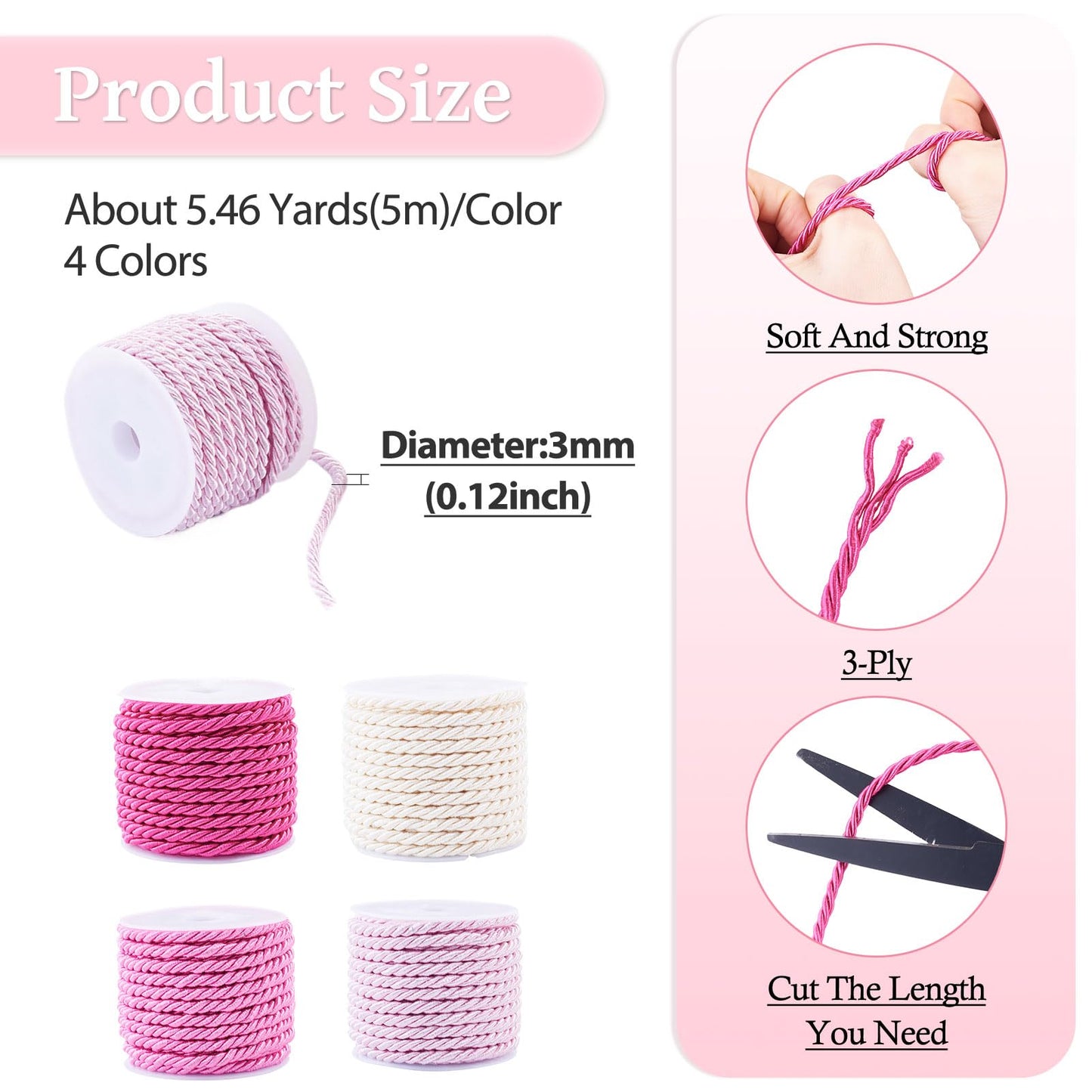 FASHEWELRY 4 Rolls 3mm Pink Twisted Twine Cord Polyester Braided Rope Decorative Thread Strings for Graduation Honor Cord Upholstery Curtain Tieback Home Decoration Bracelet Jewelry Making
