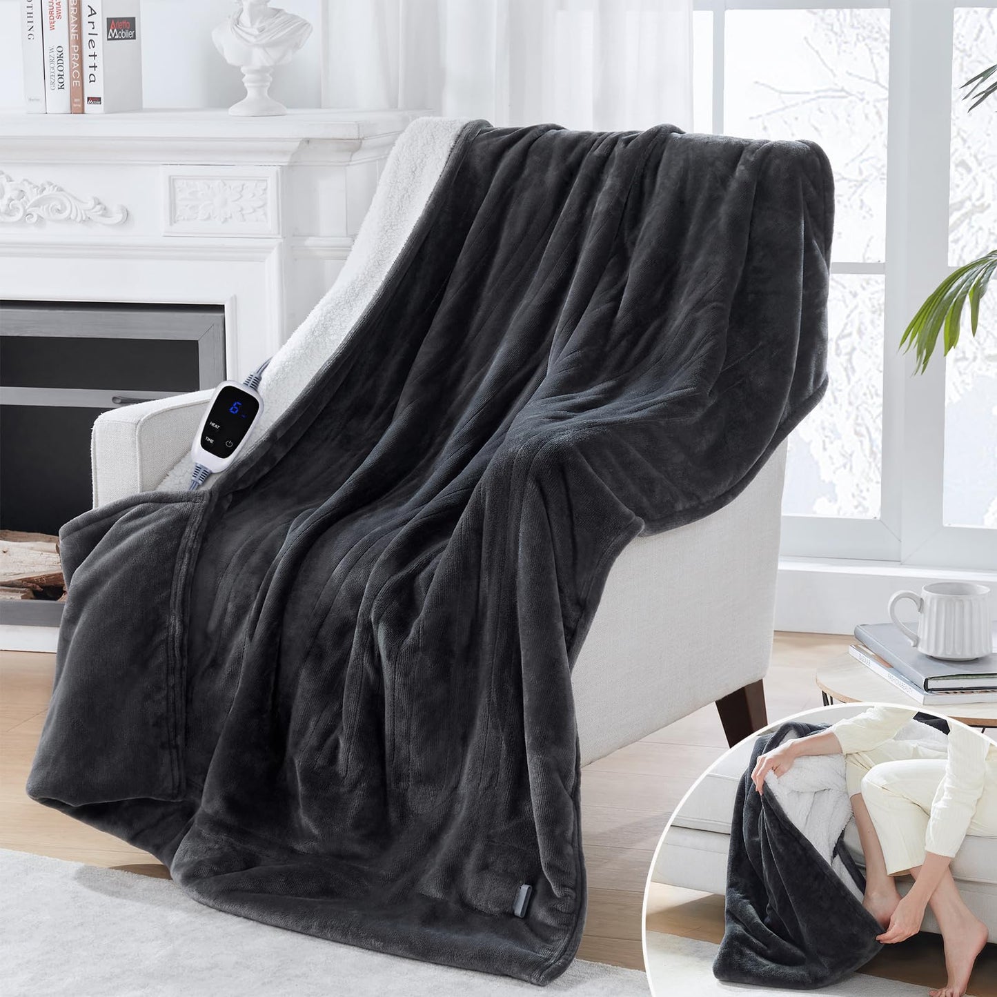 Sealy Electric Blanket with Foot Pocket for Adults, Flannel & Sherpa Heated Blanket Throw with 6 Heating Levels & 2-10 Hours Auto Shut Off, Fast Heating & Machine Washable, 50x62 Inch, Dark Grey