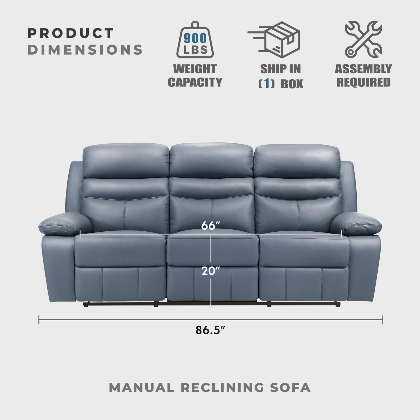 Lexicon 86.5" W Manual Reclining Sofa, Top Grain Leather Match Reclining Sofa, Home Theater Seating, Wall Hugger Recliner Couch, Manual Double Recliner RV Couch for Living Room, Blue