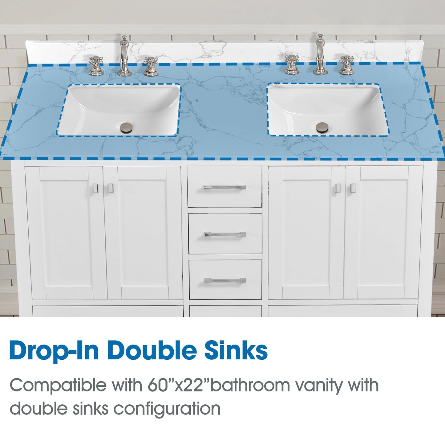 EQLOO 60 Inch Engineered Stone Bathroom Vanity Sink Top, with Undermount Rectangular Double Sinks, Vanity Countertop with 8 inch Faucet Hole Spacing and Backsplash in Lightning White