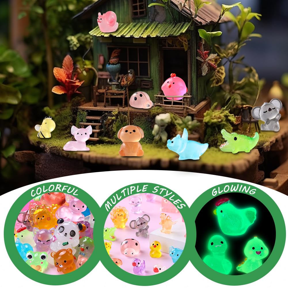 DIYDEC 60PCS Luminous Mini Resin Animals 60 Styles Miniatures Glow in The Dark Tiny Little Figures to Hide Small Duck Figures for Party Favors Bag Fillers Garden Dollhouse Decor