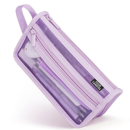 Four Candies Grid Mesh Pencil Case with Handle and Zipper, Clear Double-layer Pencil Pouch Marker Pouch, Travel Makeup Bag, Cute Transparent Stationary Organizer Pen Bag for Adult Office College