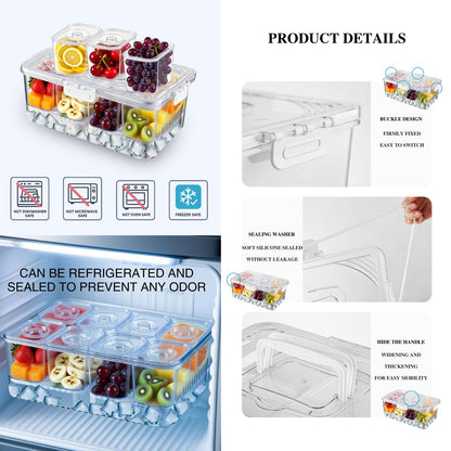 FZBJS Chilled Snackle Box Container with Ice Tray - 8 Compartment Serving Tray with Lid & Handle, Leak-Proof & Odor-Free Snack Box, Portable Cold Food Platter for Picnic, Party, Travel, Road Trip