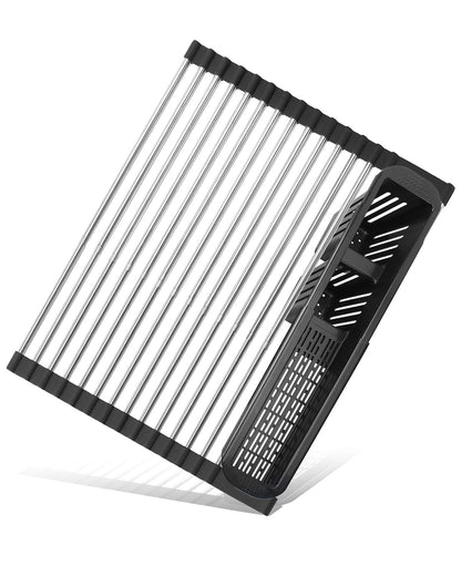 CLNGAI Roll Up Dish Drying Rack,Expandable Over The Sink Dish Drainer,Stainless Steel Kitchen Rolling Sink Rack with Utensil Holder,Length Up to 22.3" (Black)