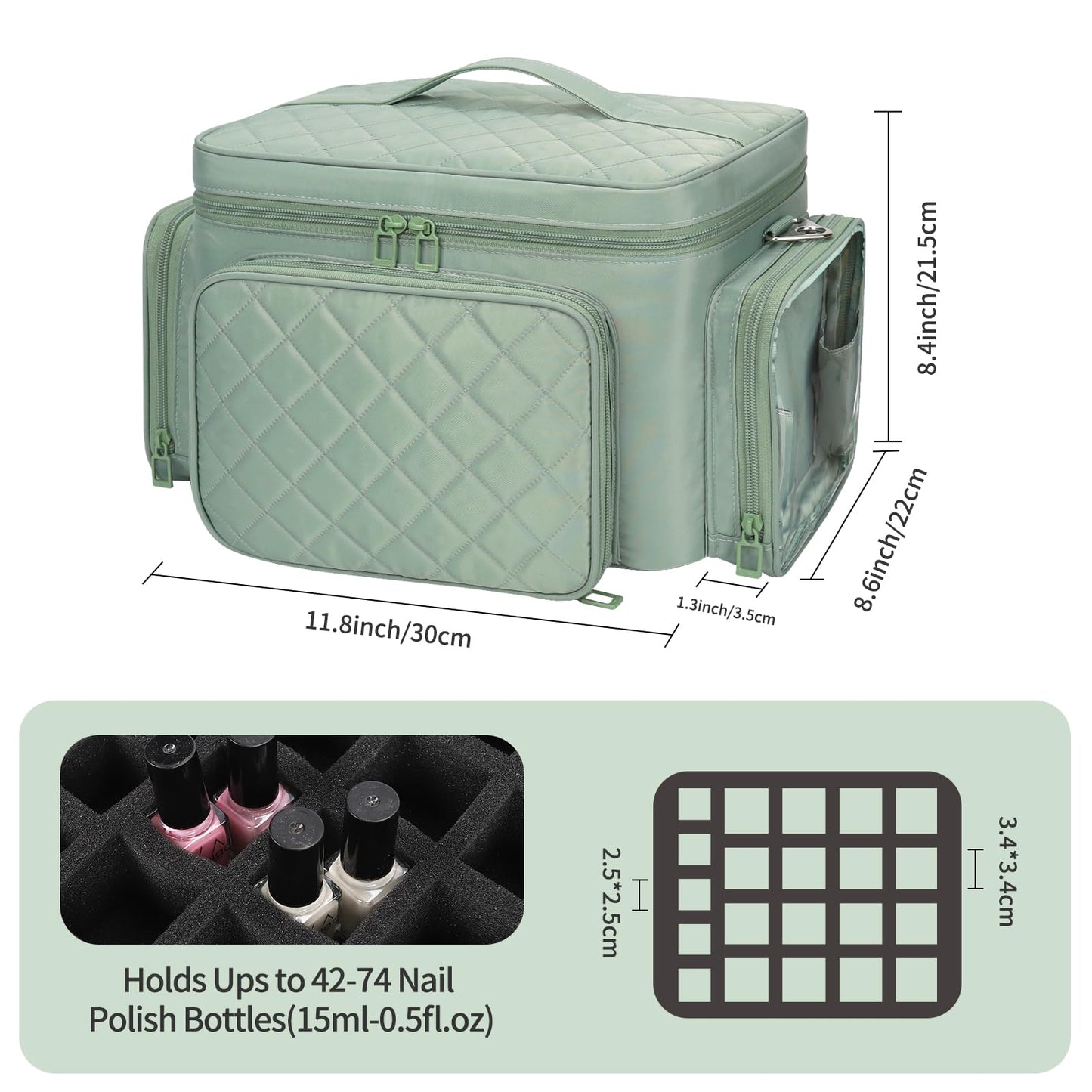 Bagmoly Nail Polish Organizer, Nail Polish Storage Holds 42+ Bottles & Nail Lamp, Portable Travel Nail Kit Storage Carrying Case Fits Nail Suppiles, Gift for Manicurist, Grils - Green