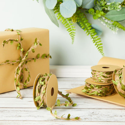 Juvale Burlap Leaf Ribbon - Jungle, Safari & Fairy Party, Enchanted Forest Decor, Vines for Crafts (4 Rolls, 65.6 Ft Total)