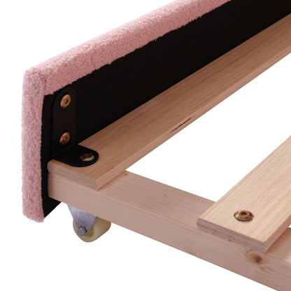 Twin Size Upholstered Daybed with Trundle,Teddy Fleece Twin Daybed Frame,Twin Day Bed with LED Light,Tufted Sofa Bed Daybed for Bedroom,Living Room,Guest,Pink