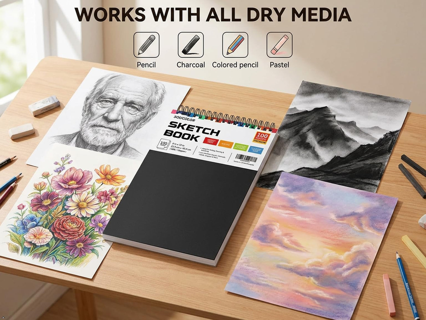 Soucolor 9" x 12" Sketch Book, 100 Sheets Top Spiral Bound Sketchbook with Acid-Free 68lb/100gsm Thick Drawing Paper, Art Sketch Pad for Kids, Adults & Artist, Professional Art Supplies for Beginners