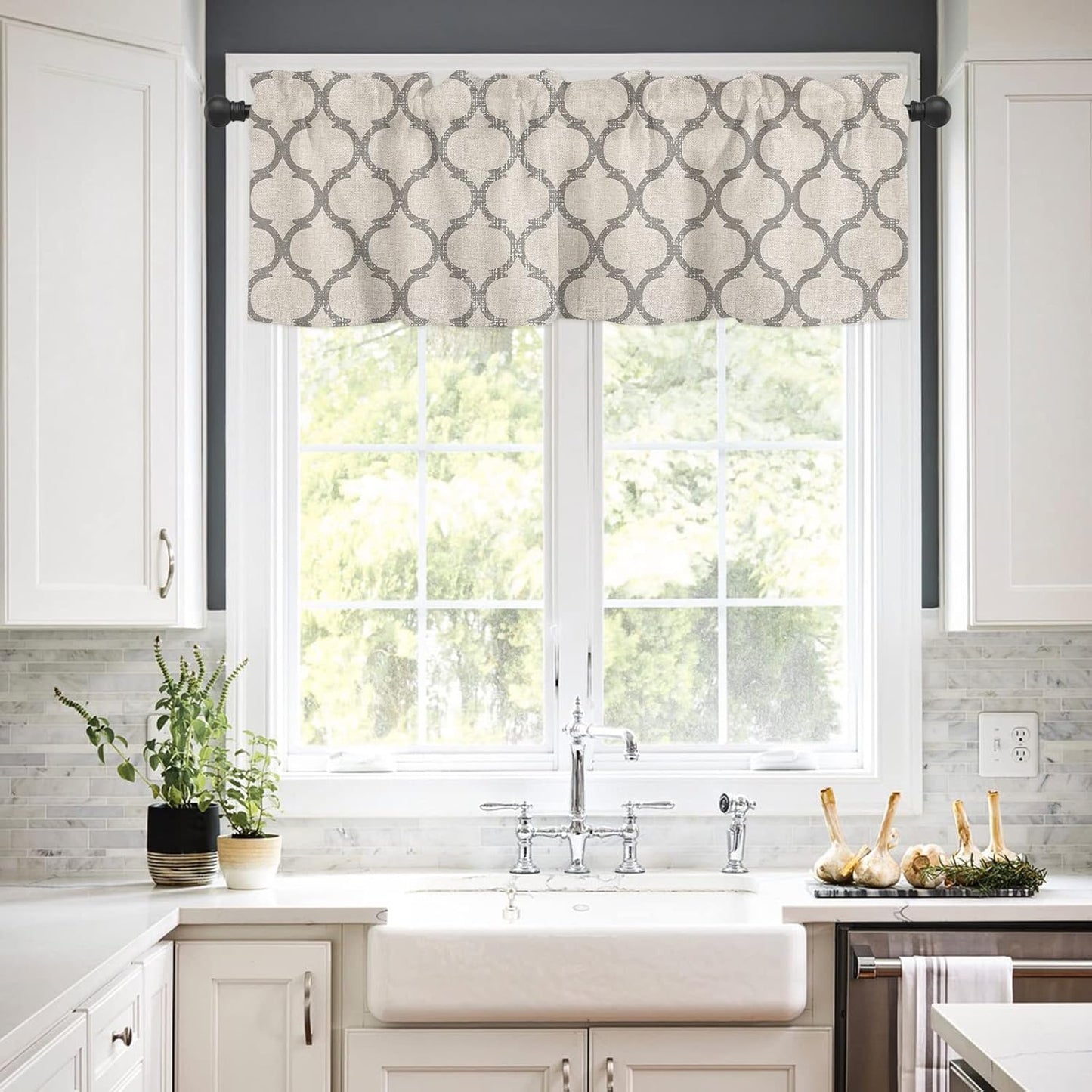 Hostline 42"x12" Valances Curtains for Living Room Farmhouse Burlap Texture Vintage Moroccan Semi Sheer Valance