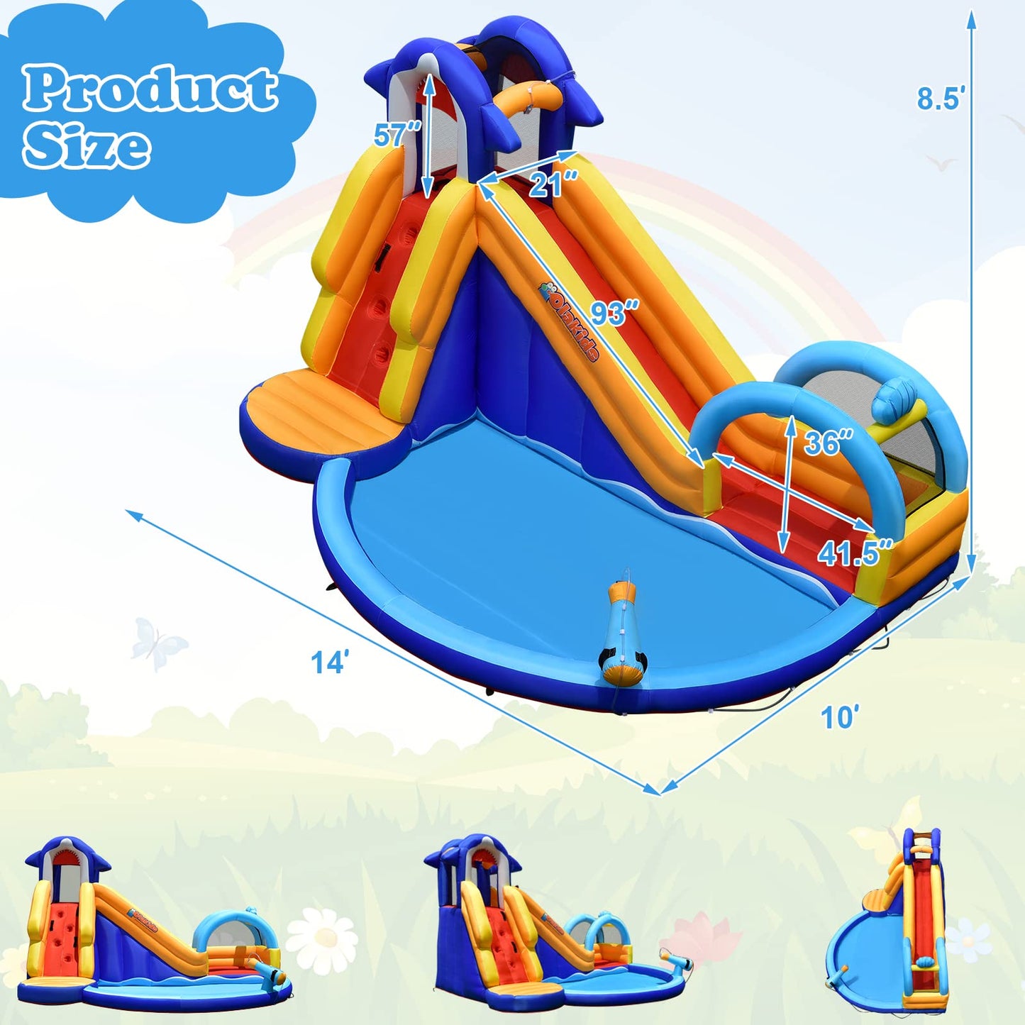 OLAKIDS Inflatable Water Slides, Shark Theme 14FT x 10FT x 8.5FT Bouncy House with Slide, Splash Pool, Climbing Wall, Water Gun, Outdoor Jumping Castle with Hose, Carry Bag, Stakes