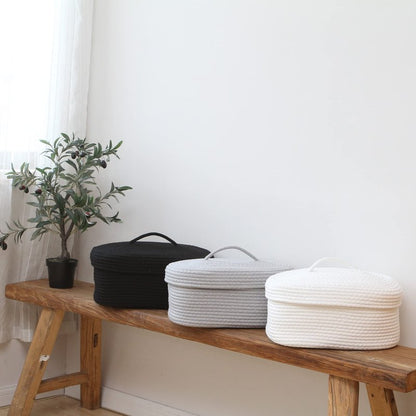 Sea Team Oval Cotton Rope Storage Basket with Lid, Lidded Woven Storage Bin, Nursery Storage Container, Diaper Caddy, Baby Shower Basket, Box, Organizer, 15 x 11 x 6.5 Inches (Medium, White)