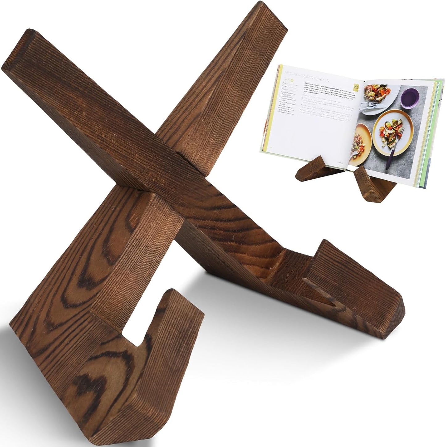 Wooden Cookbook Display Stand Holder, Adjustable and Foldable Rustic Wood Design for Kitchen Countertops and Recipes