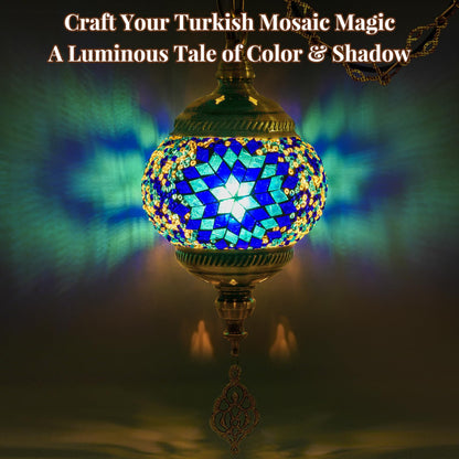 BOHMR DIY Turkish Mosaic Lamp Kit, 5.2"D Plug-in Stained Glass Pendant Hanging Lamp Making Kit with 15ft Cord-No Skills Needed,Mosaic Art & Craft Project Kits for Adults&Teens, Make Your Own Lamp,Blue