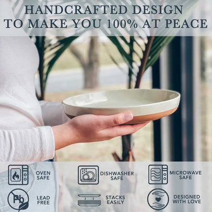 MORA Ceramic Flat Pasta Bowl Set of 4-35oz, Microwave Safe Plate with High Edge - Modern Porcelain Dinnerware for Kitchen and Eating, Large Wide Bowls/Plates for Serving Dinner, Salad, etc- Neutrals