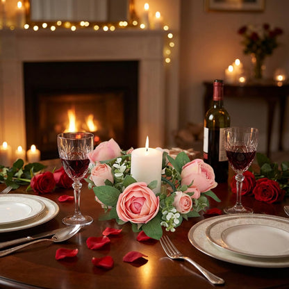 Artificial Rose Candle Rings Wreath Mini Floral Wreaths Pillar Candle Holder with Blooming Flowers and Green Leaves for Wedding Party Home Table Centerpieces Decor (Pink)
