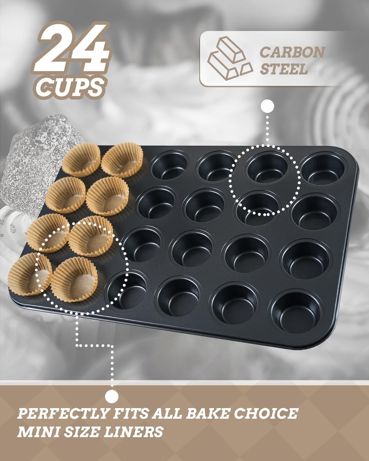 Bake Choice Mini Muffin Pan includes 200 Natural Cupcake Liners, Mini Cupcake Pans Nonstick 24 Cup, Muffin Tin, Carbon Steel Baking Supplies