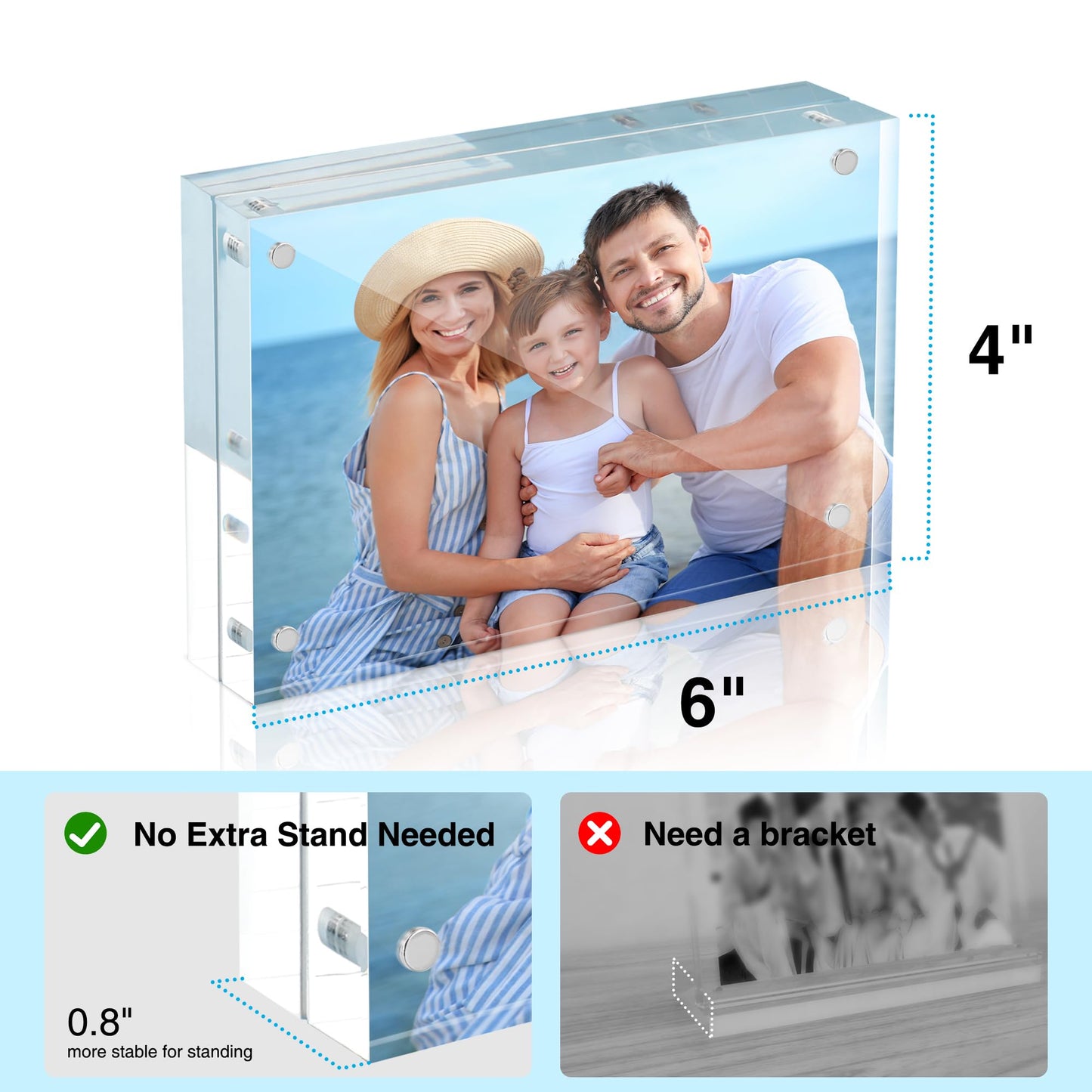 HOUSE DAY Acrylic Picture Frames 4x6, 3 Pack Magnetic 4 x 6 Picture Frame, Double Sided Clear 4x6 Photo Frame with Microfiber Cloth, Frameless FreeStanding 4x6 Frame Gift for Desktop Display