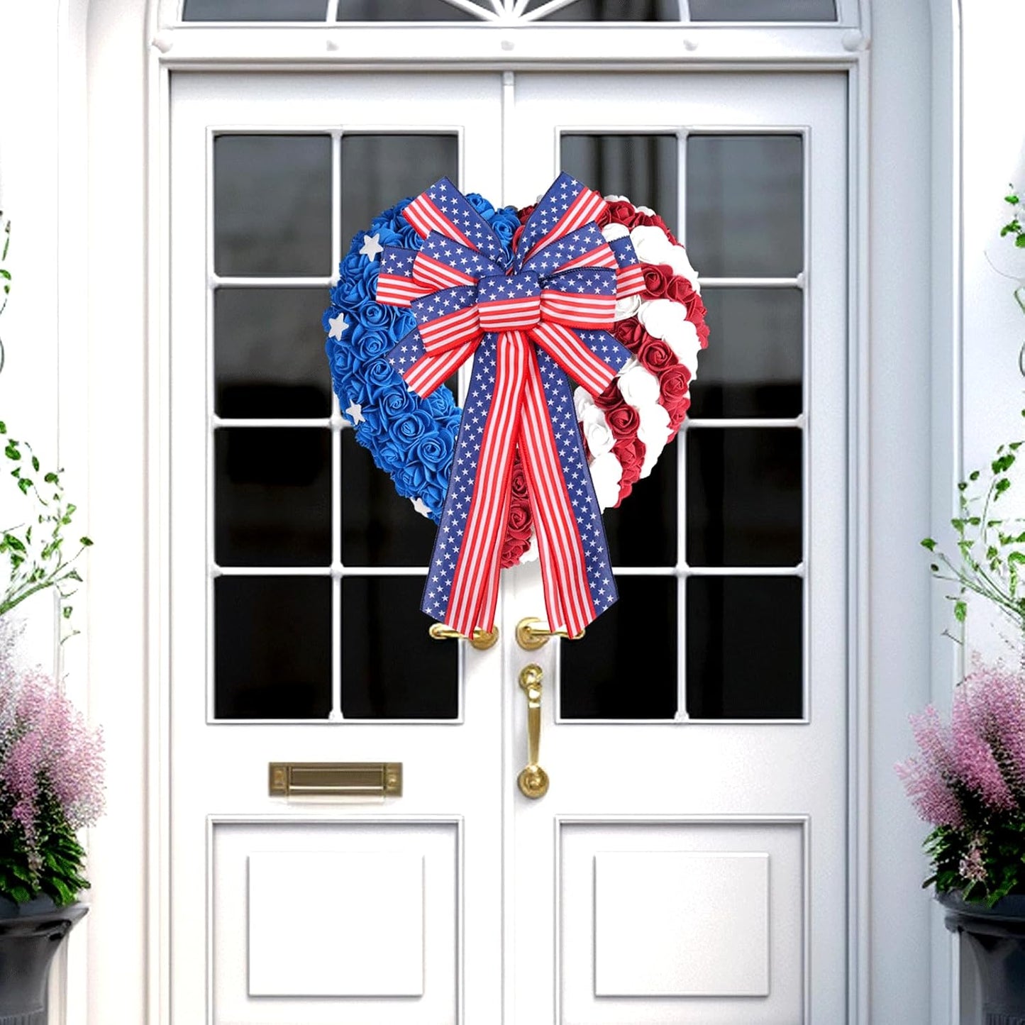 Skiennix Large Patriotic Wreath Bows - Star & Stripe American Flag Design | 20" x 12" Red & Blue Burlap for Holidays