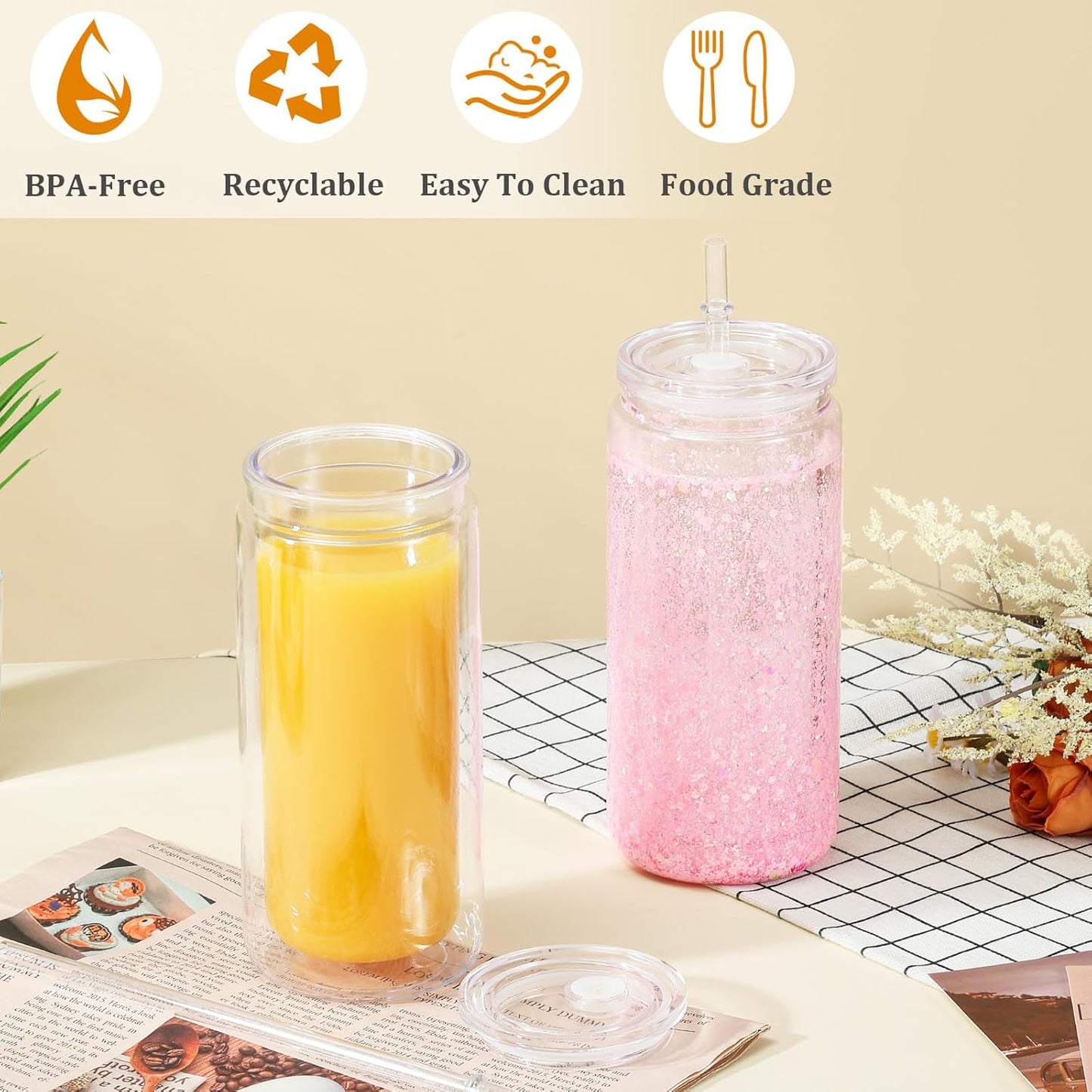 20 Oz 9 Pack Maucircol Acrylic Snowglobe Tumbler Including DIY Kit, Pre-Drilled Double Wall Plastic Snowglobe Cup