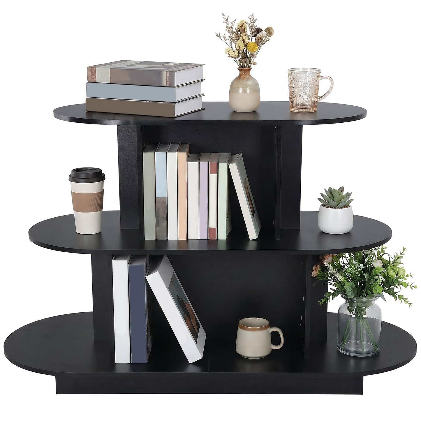 3 Tier Wooden Oval Display Table Modern Standing Display Riser Shelf Retail Table for Stores Vendor Events 55in W x 23.6in D x 35in H