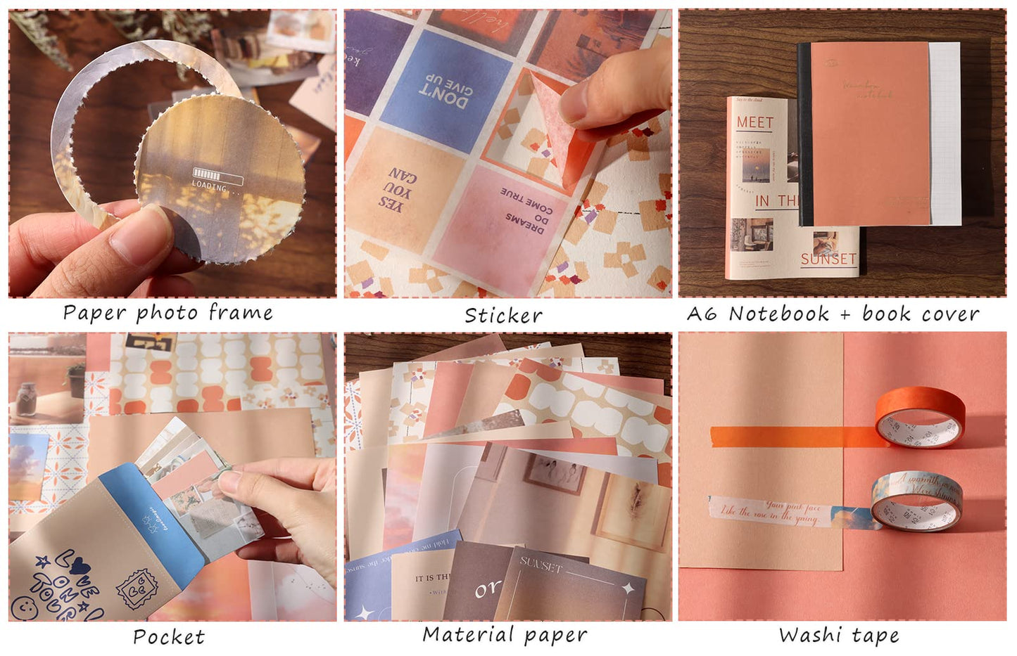 Draupnir Aesthetic Scrapbook Kit(348pcs), Bullet Junk Journal Kit with Journaling/Scrapbooking Supplies, Stationery,A6 Grid Notebook with Graph Ruled Pages DIY Scrapbook Gift for Teen Girl Kid(Sunset)