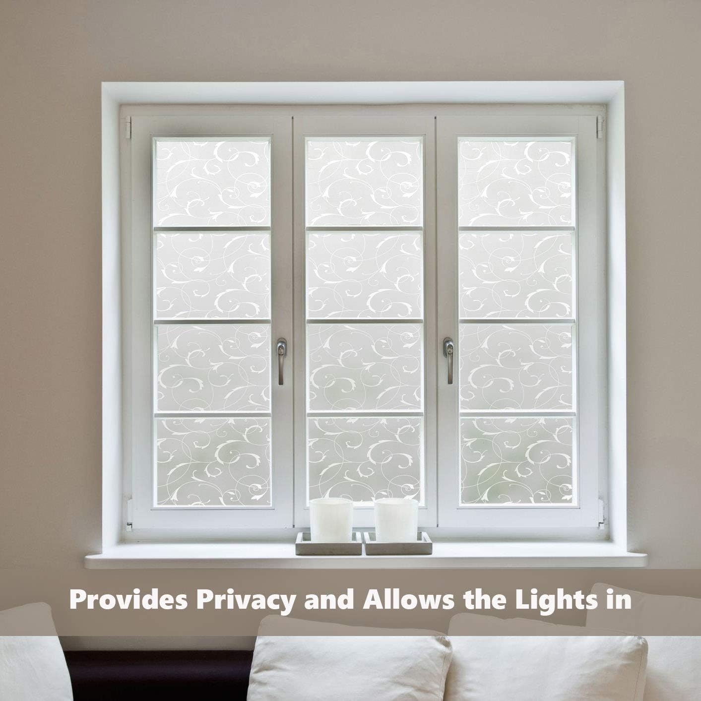 LEMON CLOUD Window Privacy Film, No-Adhesive Static Decorative Window Film, Frosted Stained Glass Vine Design (17.5 x