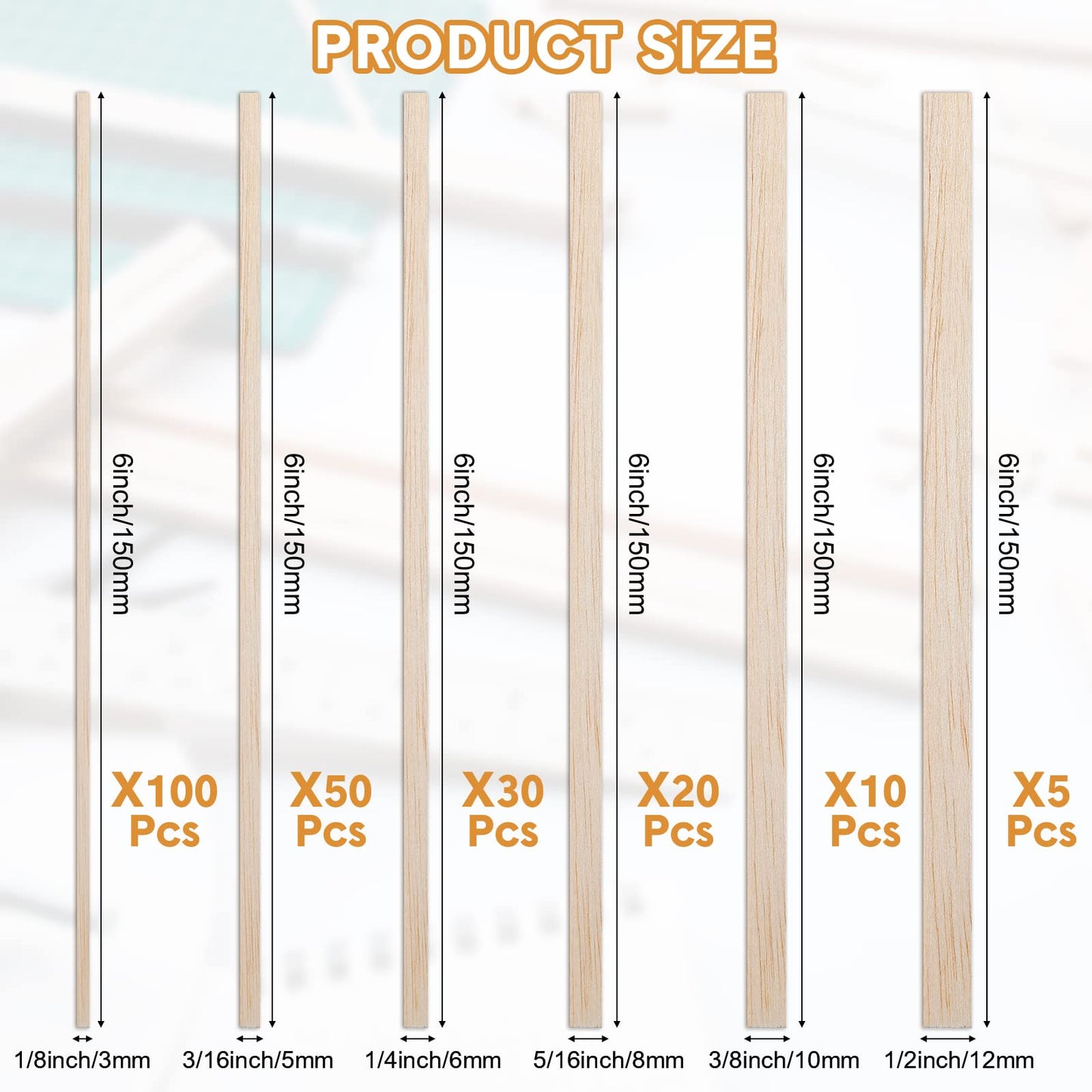 Yulejo 215 Pieces Balsa Wood Sticks Wooden Dowel Rods Square Hardwood Unfinished Wooden Strips for DIY Molding Crafts Projects Making(1/8, 3/16, 1/4, 5/16, 3/8, 1/2 Inch)