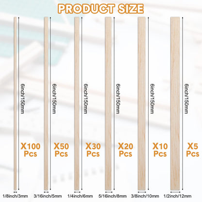 Yulejo 215 Pieces Balsa Wood Sticks Wooden Dowel Rods Square Hardwood Unfinished Wooden Strips for DIY Molding Crafts Projects Making(1/8, 3/16, 1/4, 5/16, 3/8, 1/2 Inch)