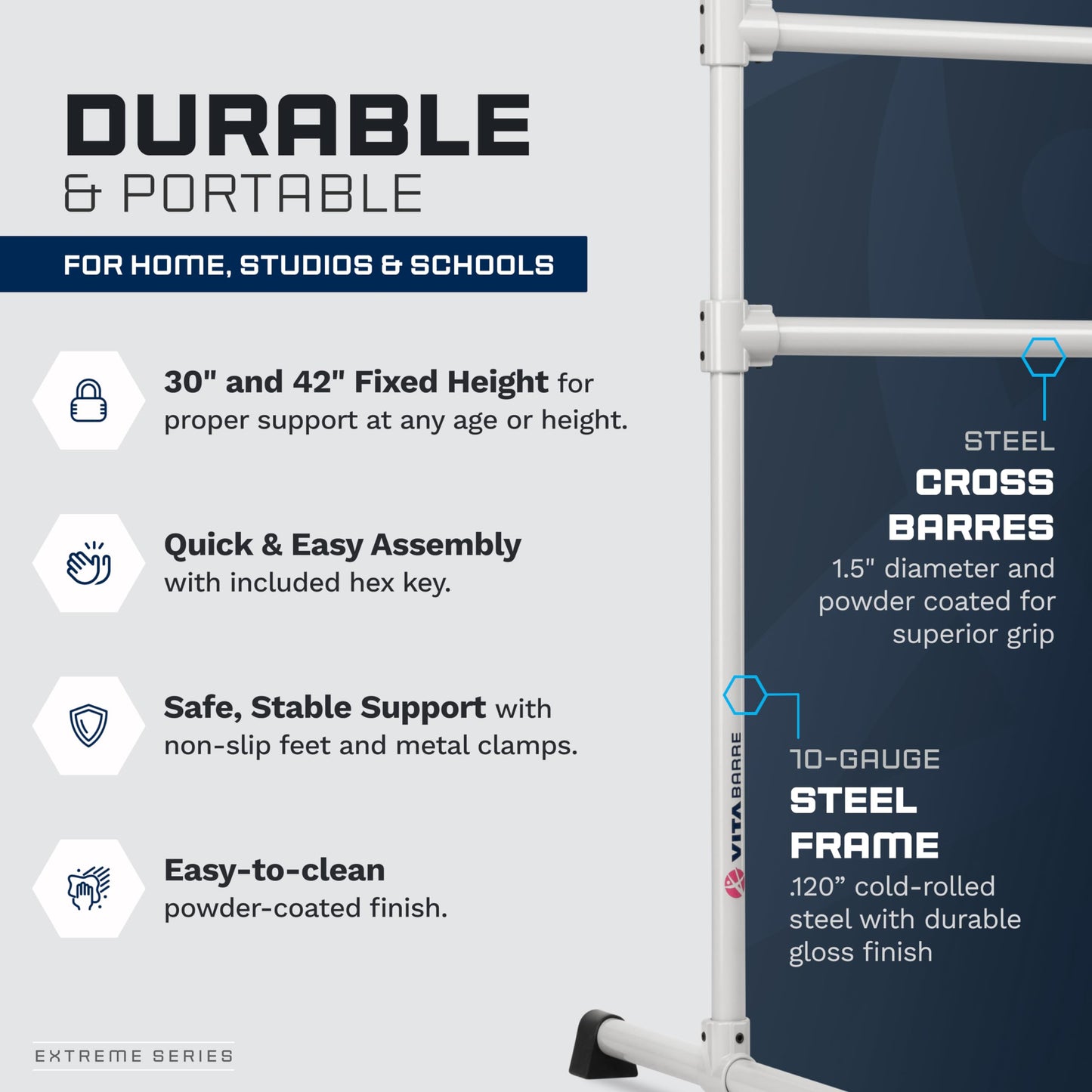 VITA Barre Portable Freestanding Double Ballet Barre, Extreme, 10 Ft Bars, Satin Silver, Steel | Fixed Height, Made in USA, Home or Gym Exercise Equipment for Kids & Adults | Dance, Fitness, Pilates