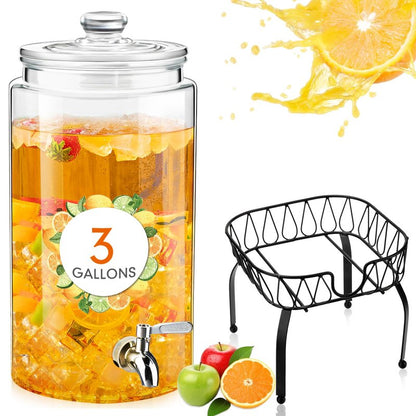 Honeydak 1 Pack 3 Gallon Glass Drink Dispenser for Parties Glass Beverage Dispenser with Stand and Spigot Leakproof Iced Water Storage Lemonade Juice Jar Mason with Lids for Wedding Parties Kitchen