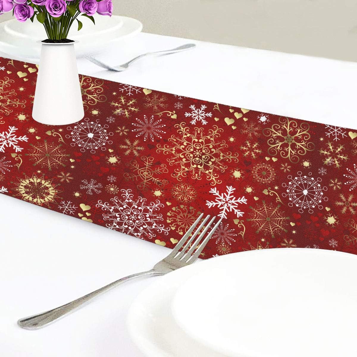 Christmas Winter Snowflake Table Runner, 13x90 Inches Double Sided, Luxurious Gold Red for Kitchen Dining Decor