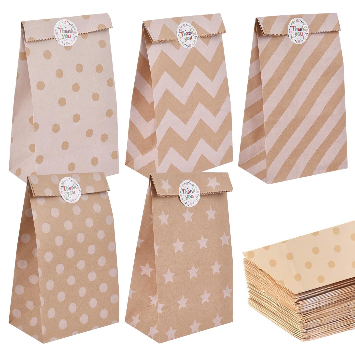 Elvielsl 40 Pack Paper Party Favor Bags, Brown Paper Bags Kraft Paper Bag Goodie Bag Small Gift Bag with 48pcs Stickers for Birthday, Wedding, Parties Favors, Christmas Day, Baby Showers - 13x8x24CM